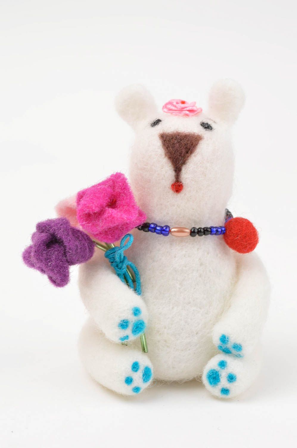 Peluche décorative fait main Jouet en laine Cadeau enfant Ours fille et bouquet photo 2