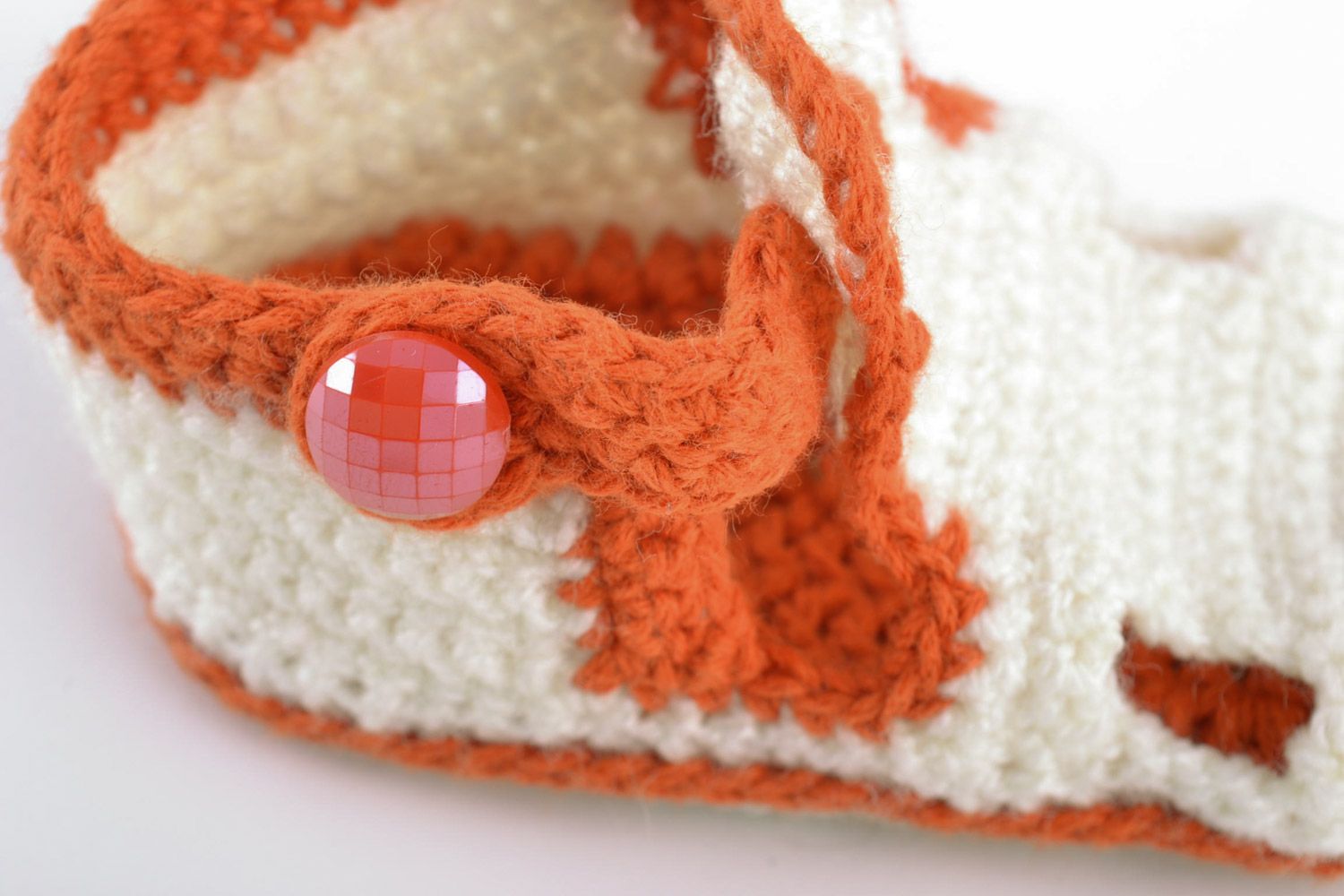 White and orange handmade knitted baby booties for girl photo 3