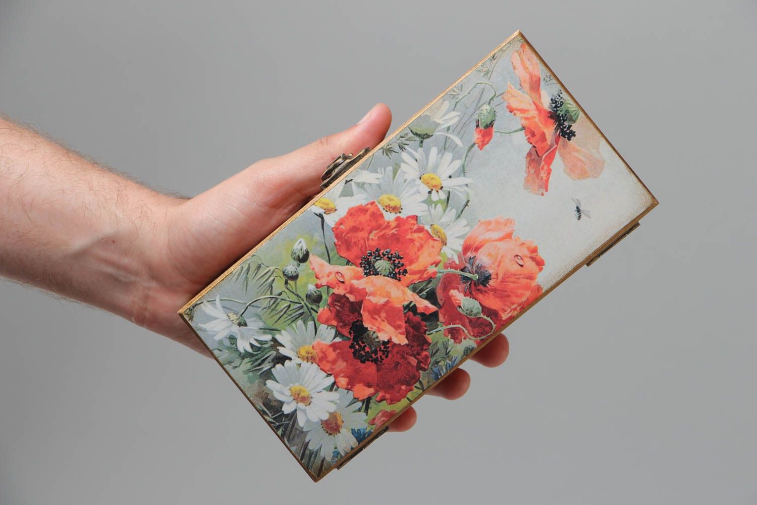 Handmade designer rectangular wooden jewelry box with print on lid Red Poppies photo 5