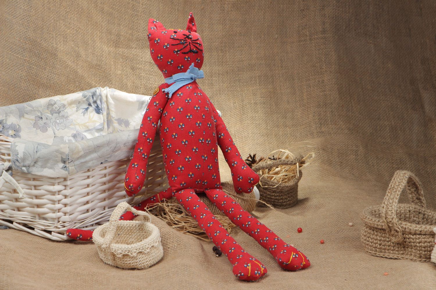 Jouet mou Chat rouge cousu en coton naturel à motif original fait main photo 1
