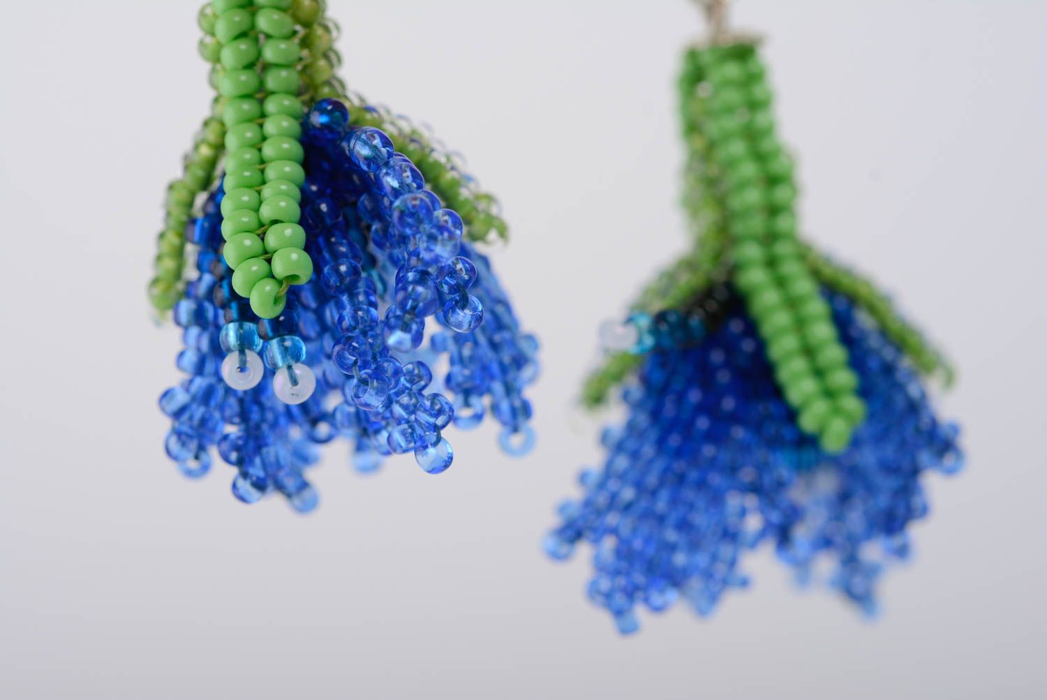 Beaded handmade earrings flowers blue with green beautiful summer accessory photo 2