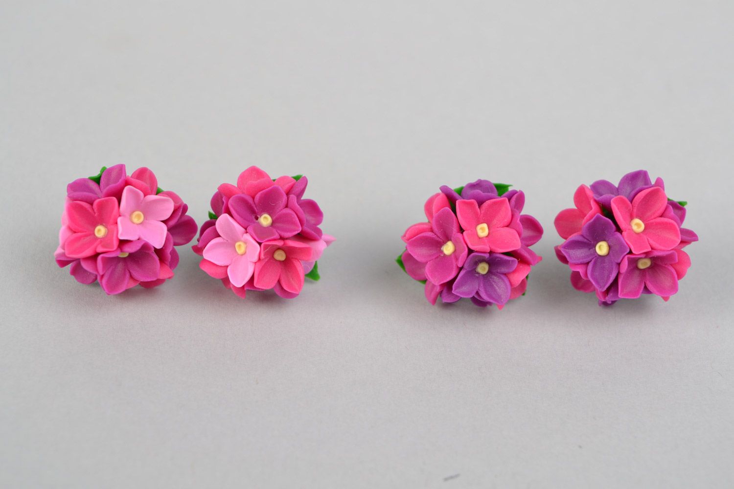 Handmade polymer clay lilac and violet floral stud earrings set of 2 pairs photo 1