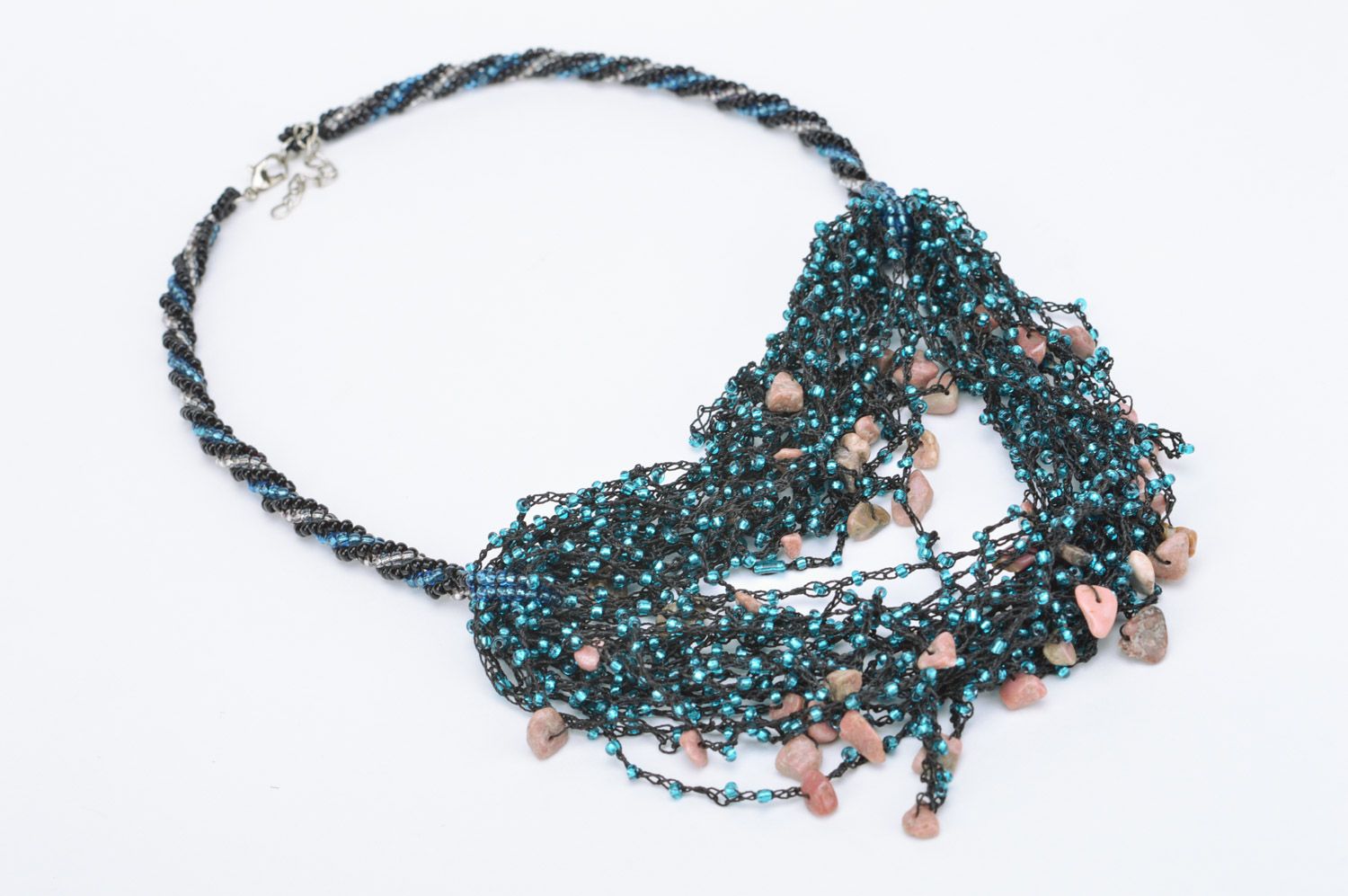 Handmade airy volume necklace woven of Czech beads and corals in dark colors photo 2