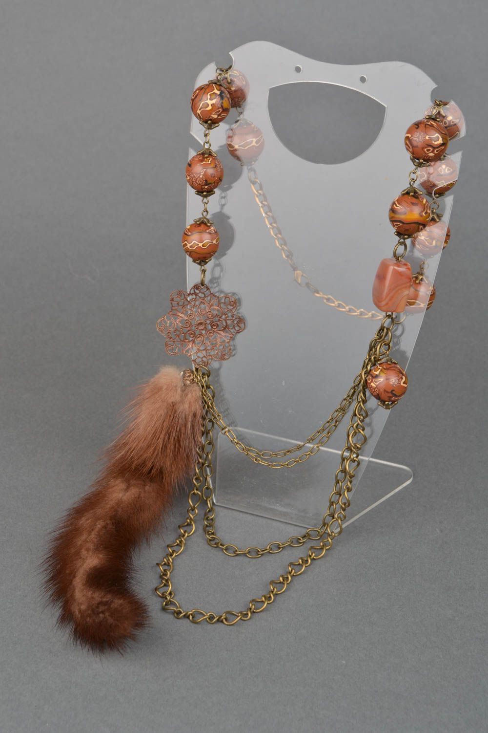 Bead necklace with natural stone and mink fur photo 1