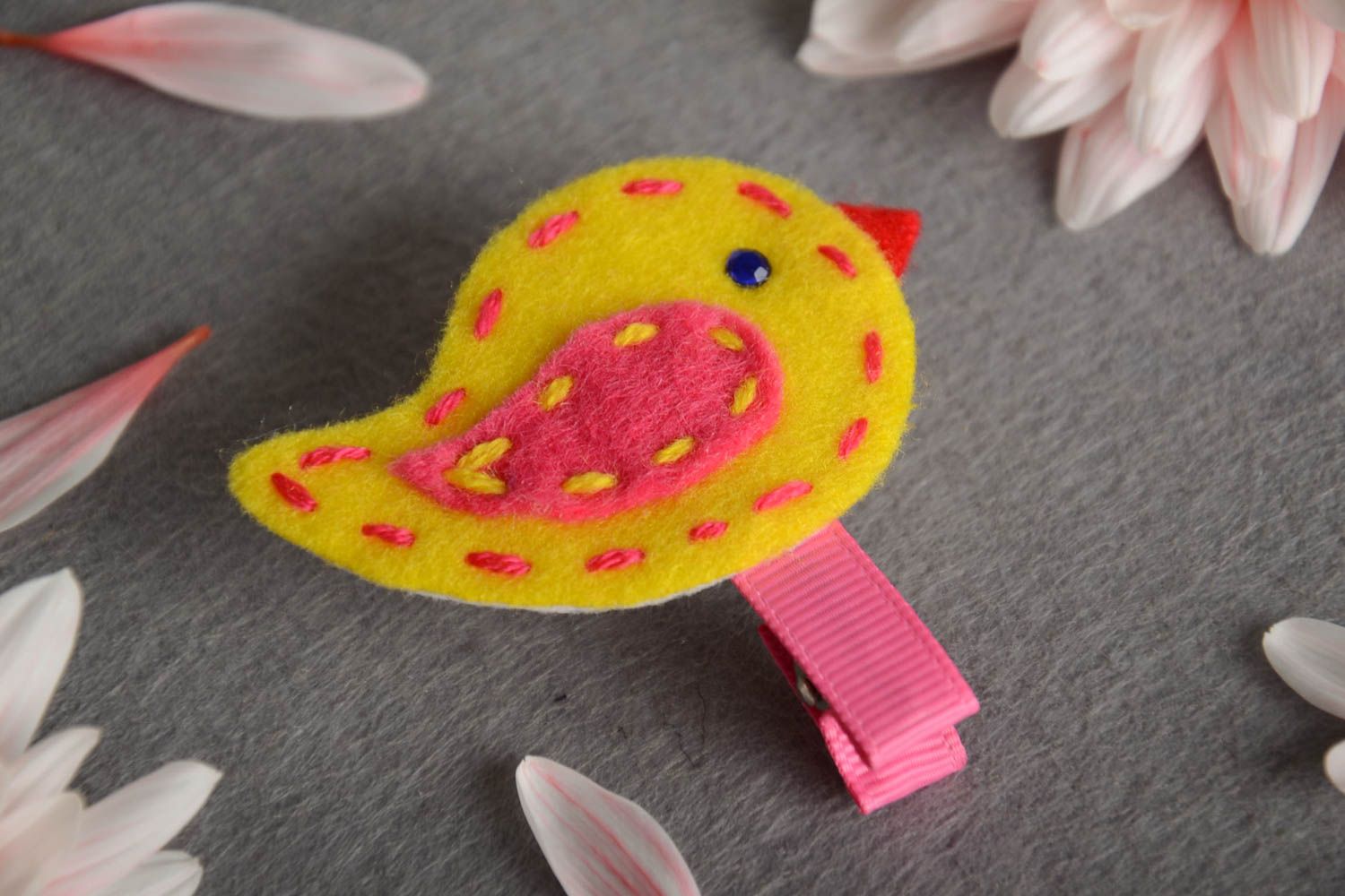 Handmade hair clip yellow with pink made of rep ribbons and fleece for children photo 1