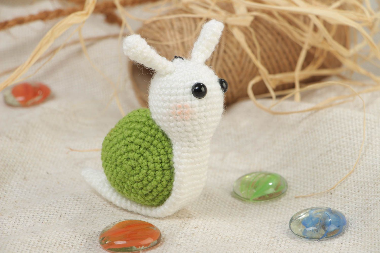 Handmade crochet soft toy snail created of acrylic threads for children photo 1