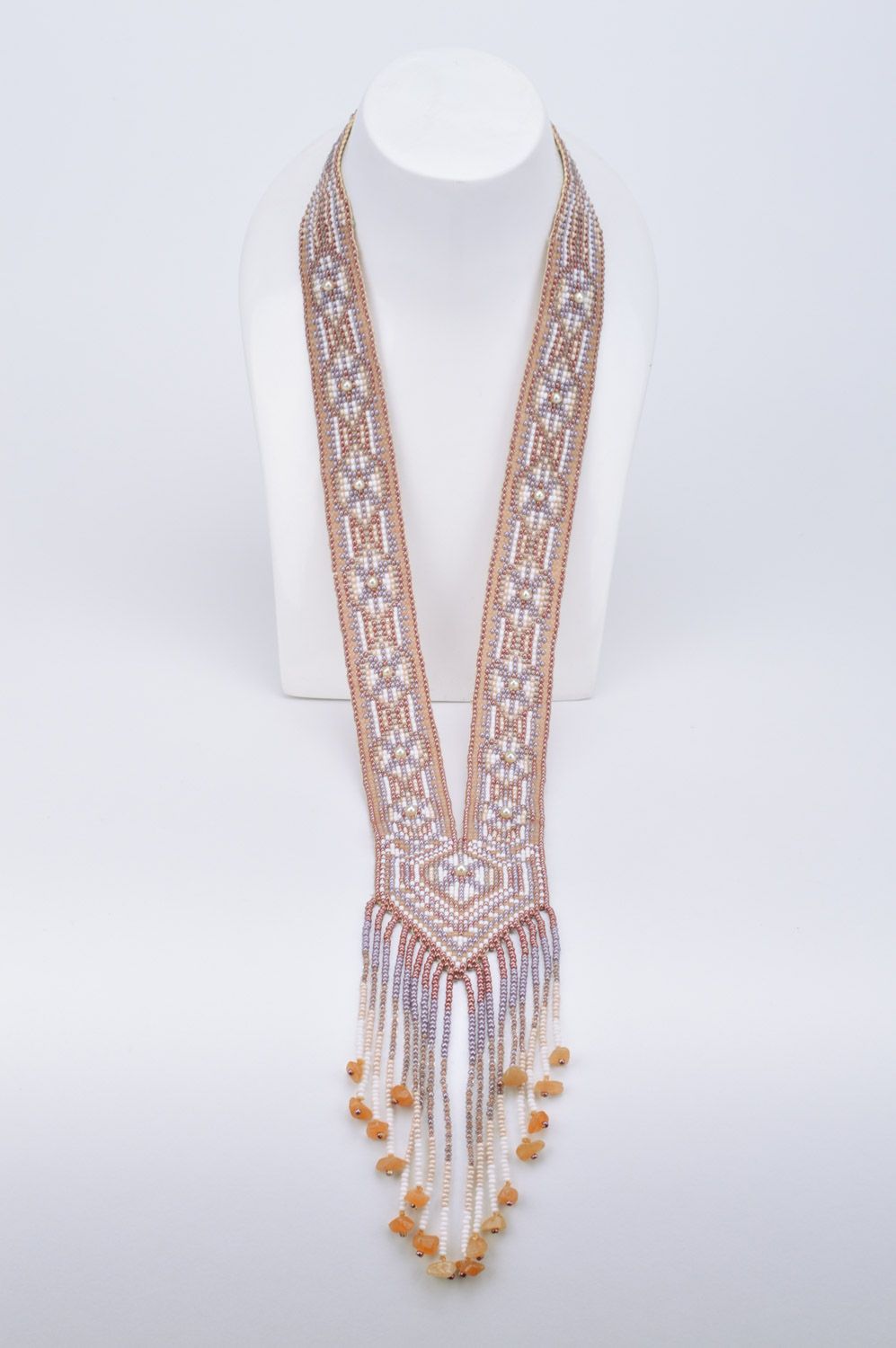 Handmade ethnic necklace woven of Czech beads with fringe in tender color palette photo 3