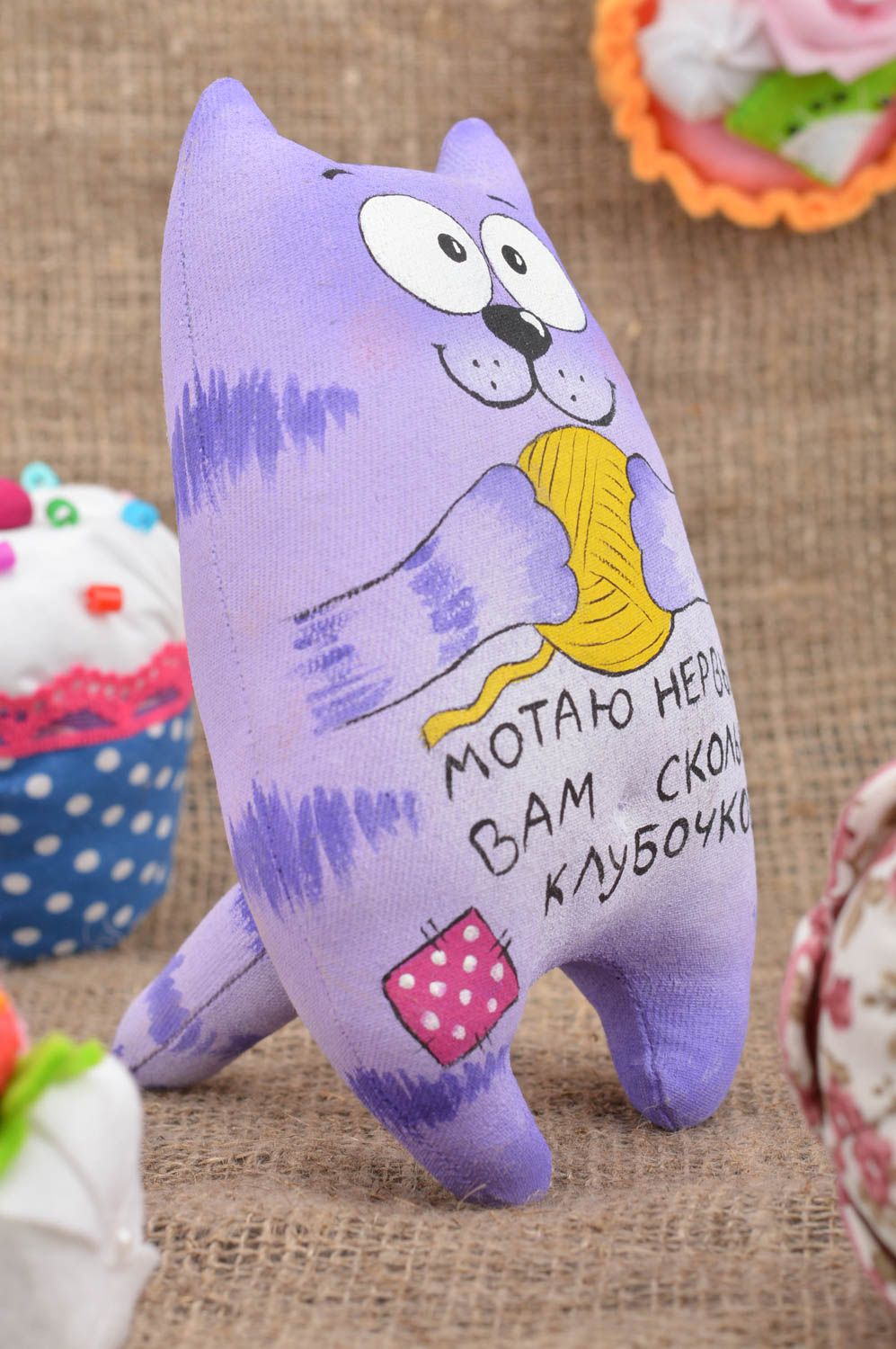 Handmade designer cotton fabric soft toy with painting and funny lettering Cat photo 1