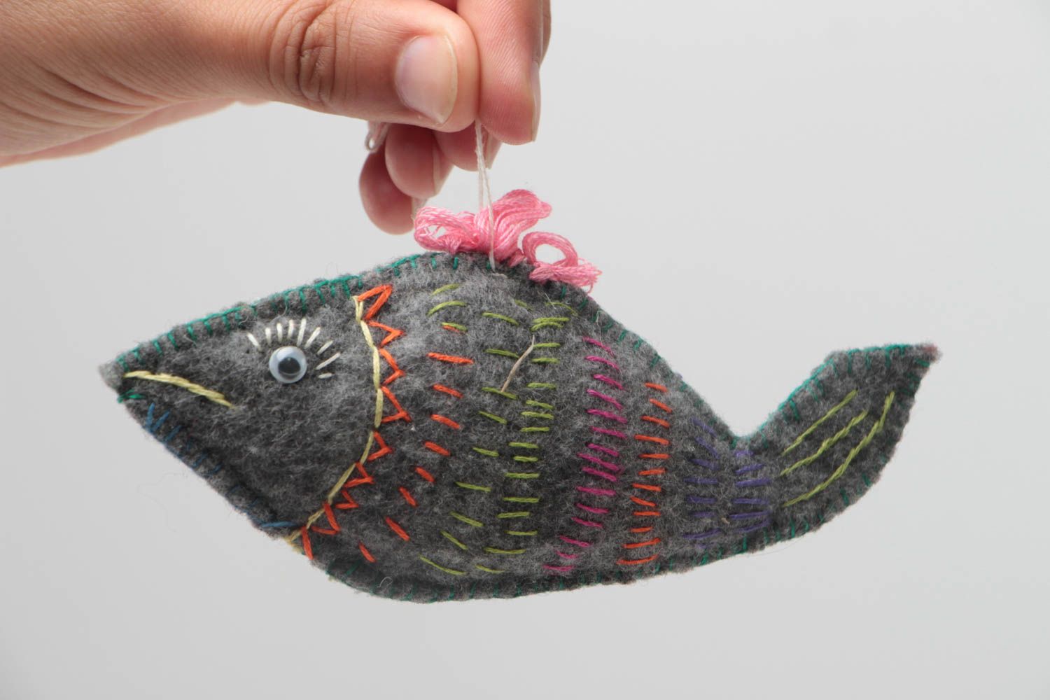 Handmade designer interior soft toy sewn of felt gray fish with embroidery photo 5