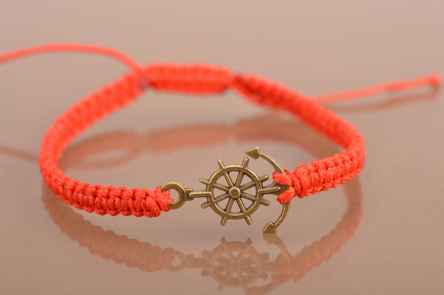 Handmade cute thin woven red bracelet made of silk threads with anchor photo 2
