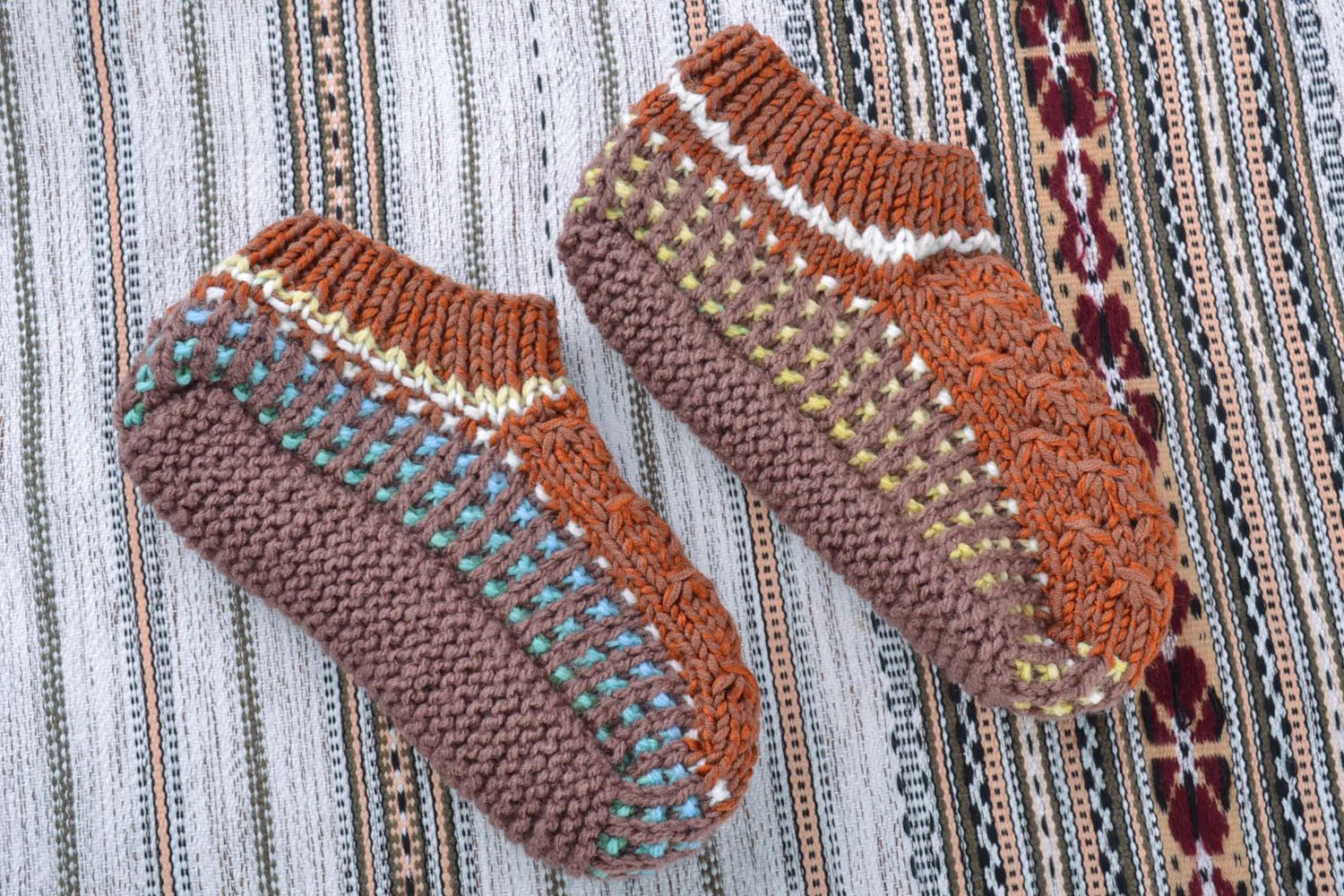Handmade women's slippers knitted of brown semi-woolen threads in ethnic style  photo 1
