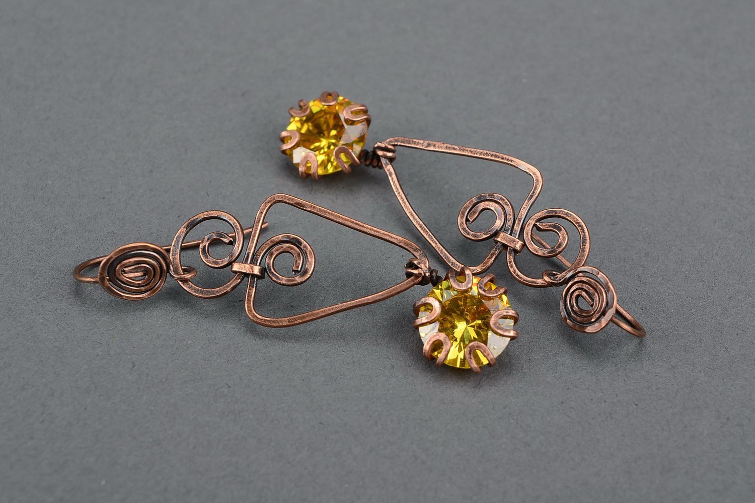 Earrings wire wrap with yellow zirconium photo 1