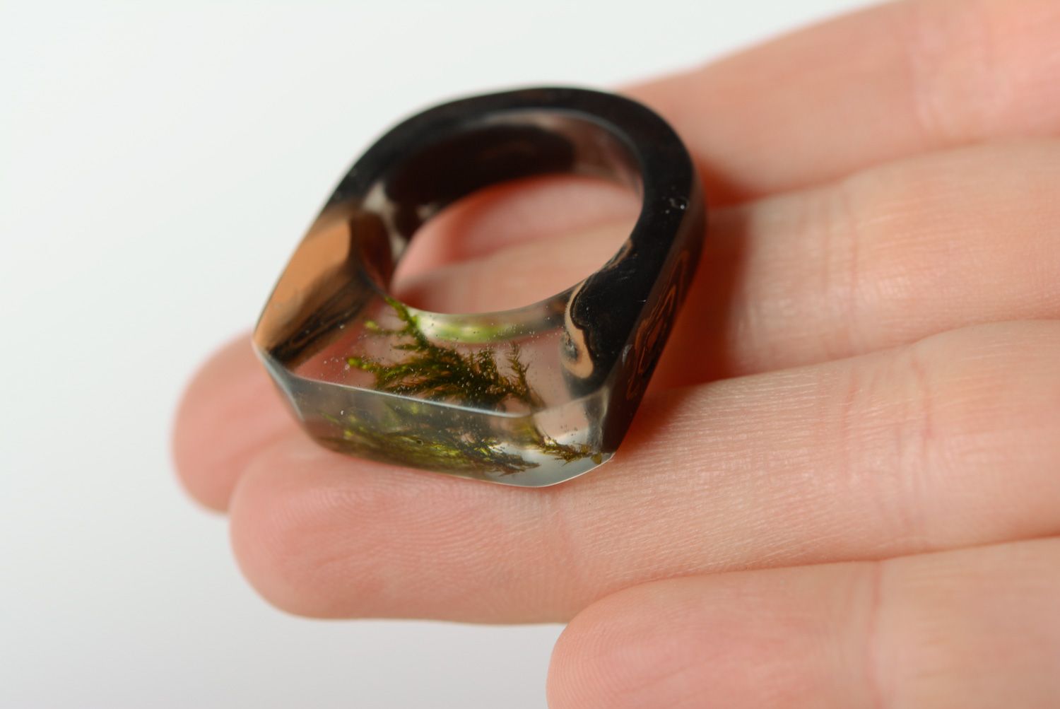 Unusual handmade botanical epoxy seal ring with natural moss photo 4