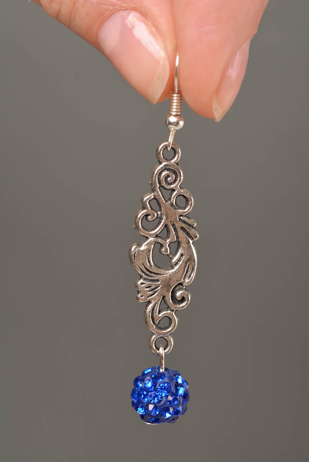 Designer long lacy metal handmade dangle earrings with bright blue rhinestones photo 2