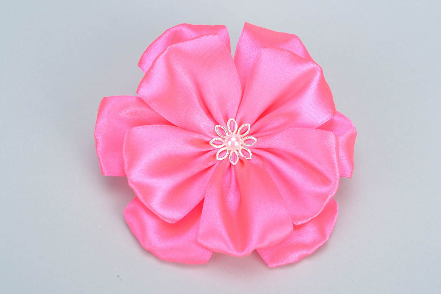 Handmade pink kanzashi satin ribbon flower hair tie photo 5