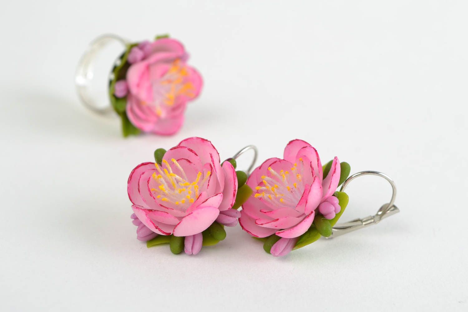 Pink cold porcelain flower jewelry set 2 pieces earrings and ring handmade photo 4