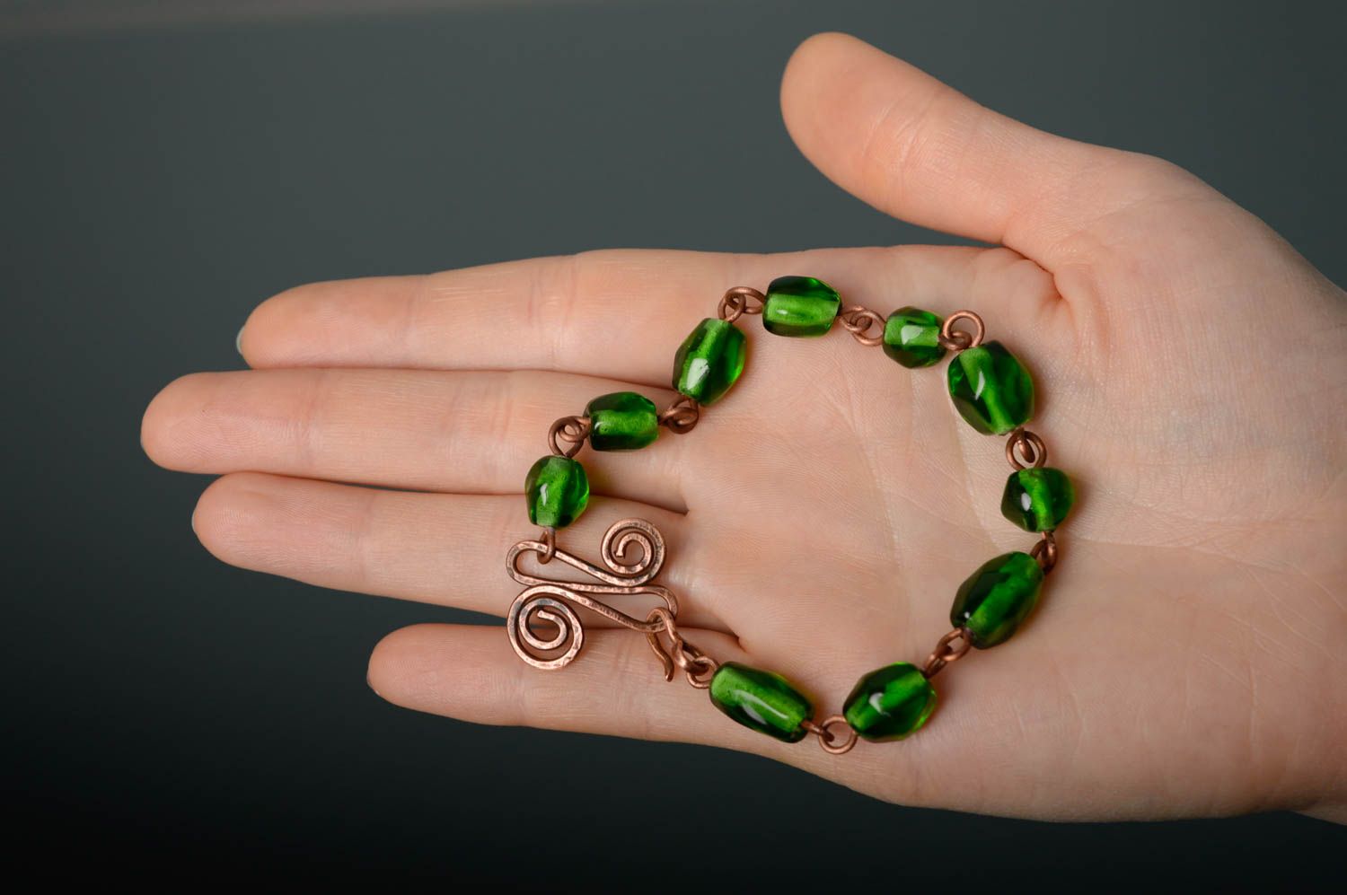 Copper bracelet with glass beads photo 5