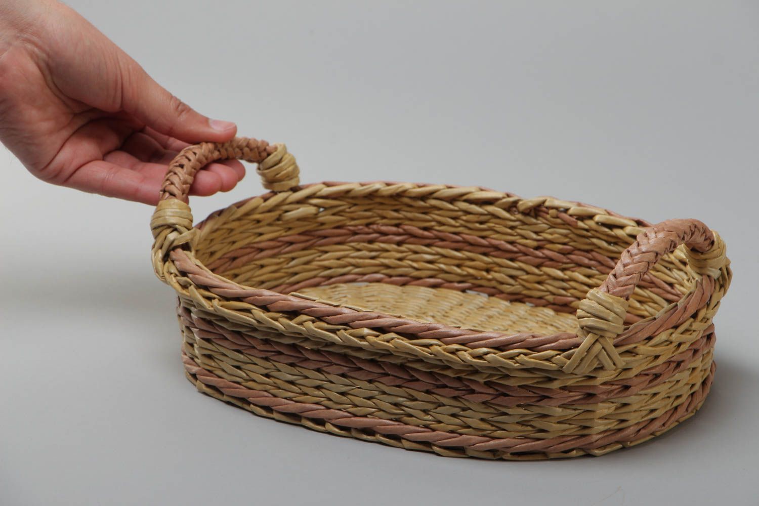 Handmade woven small  paper tray for breakfast with two handles home decor photo 5