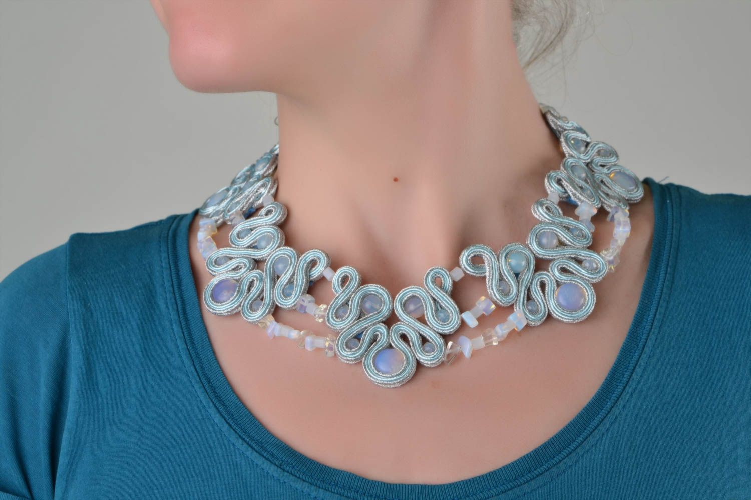 Unusual handmade blue soutache necklace with natural stone photo 1