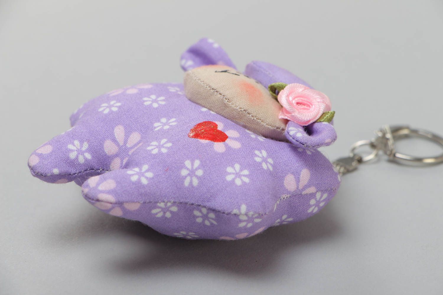 Handmade small soft toy keychain sewn of violet cotton fabric Lamb with red heart photo 3