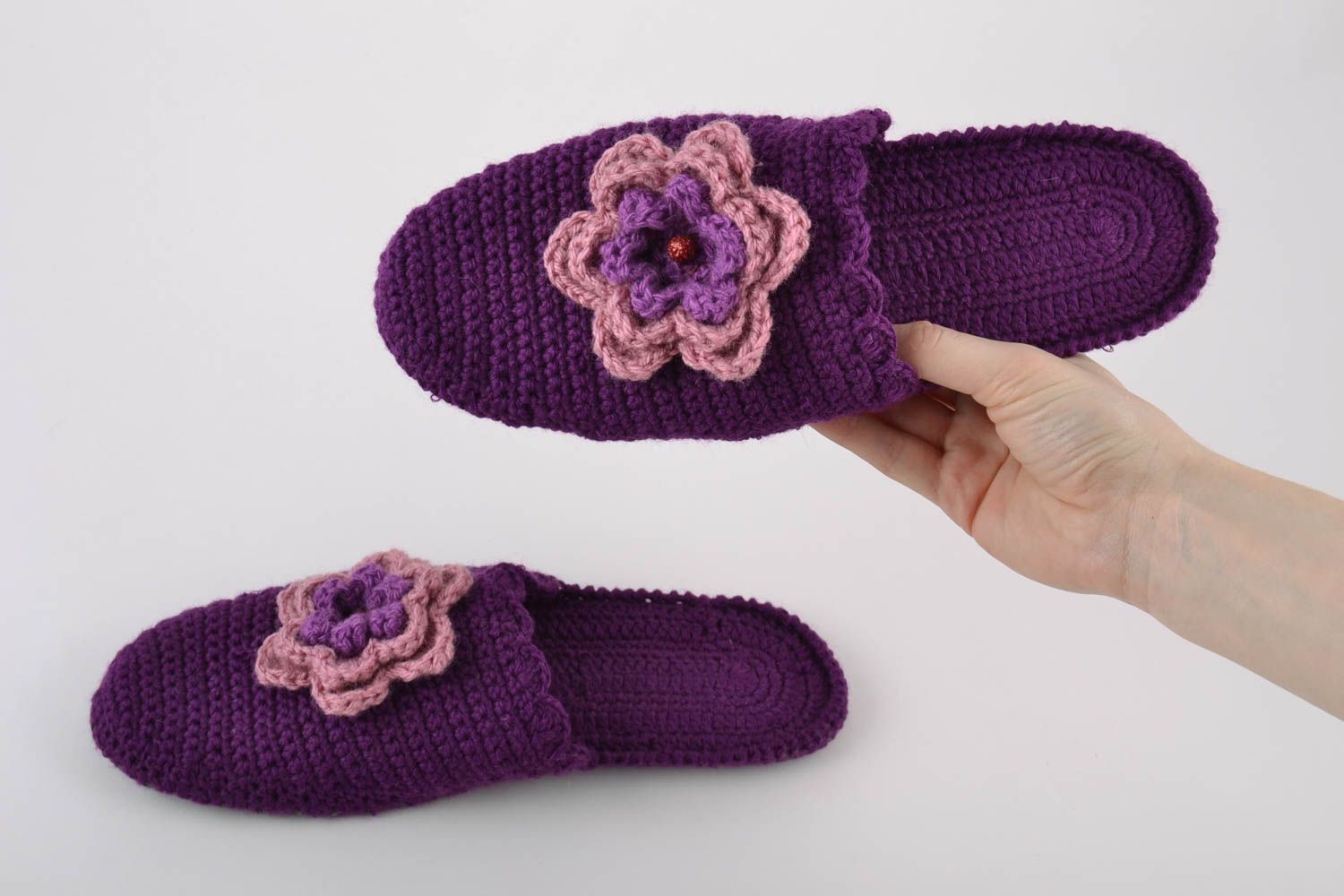 Handmade warm comfortable crochet slippers of violet color with flowers for women photo 2