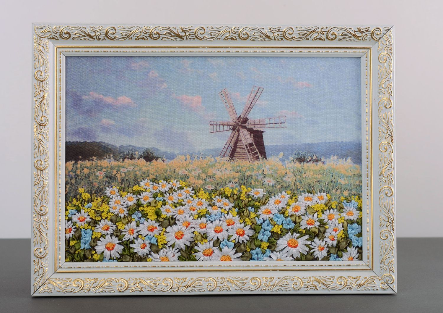 Embroidered landscape Mill in Chamomile Field photo 1
