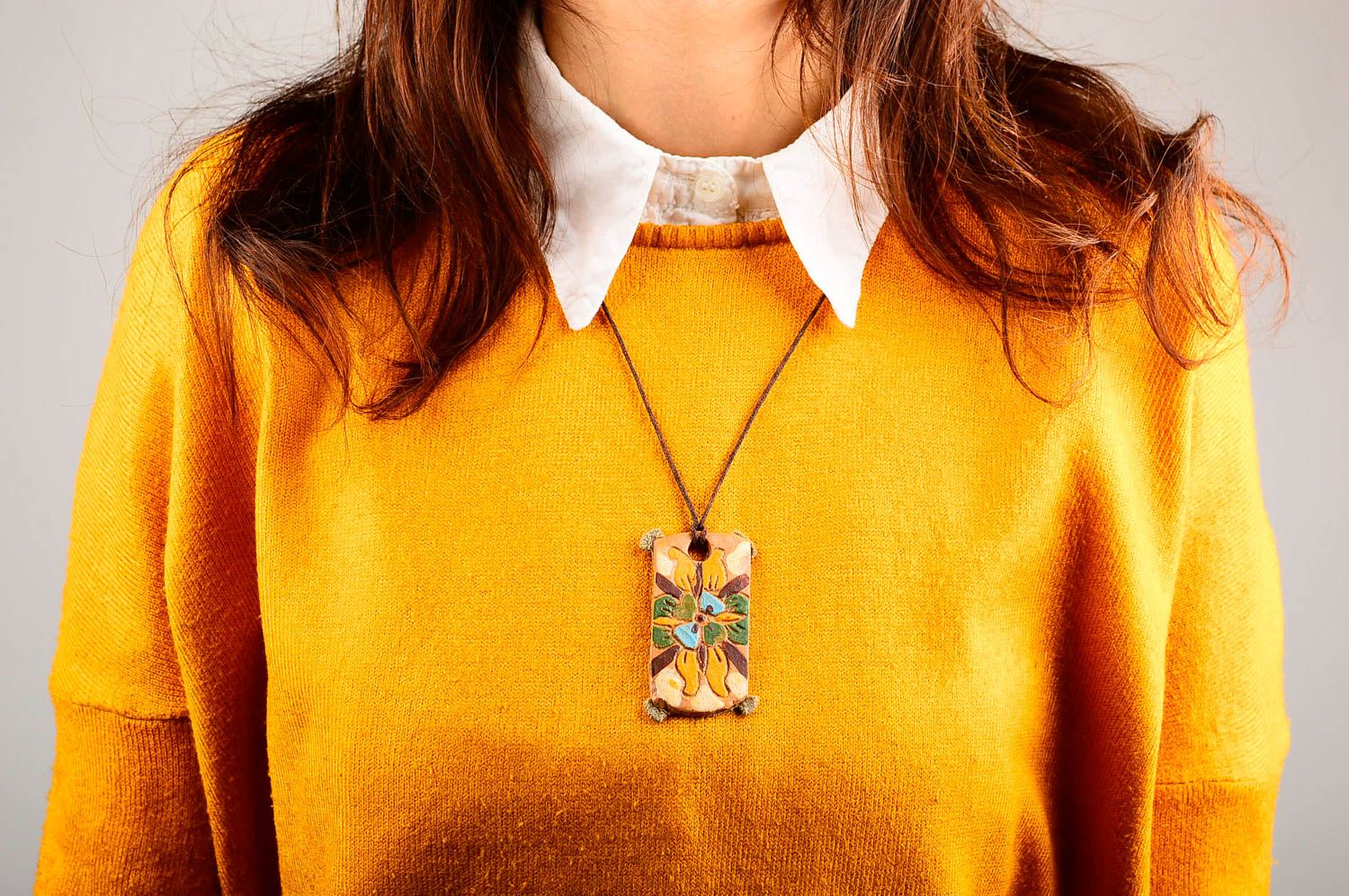Ceramic accessories handmade pendant bright yellow leather necklace girls gift  photo 2