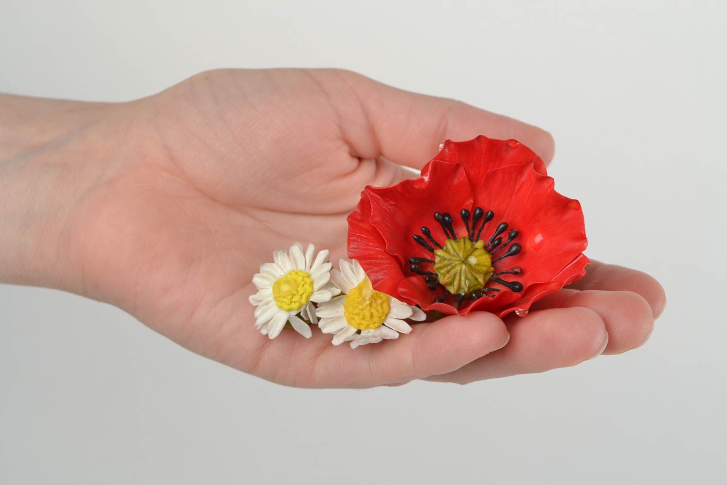 Beautiful handmade cold porcelain flower hair clip Poppy and Camomiles photo 2