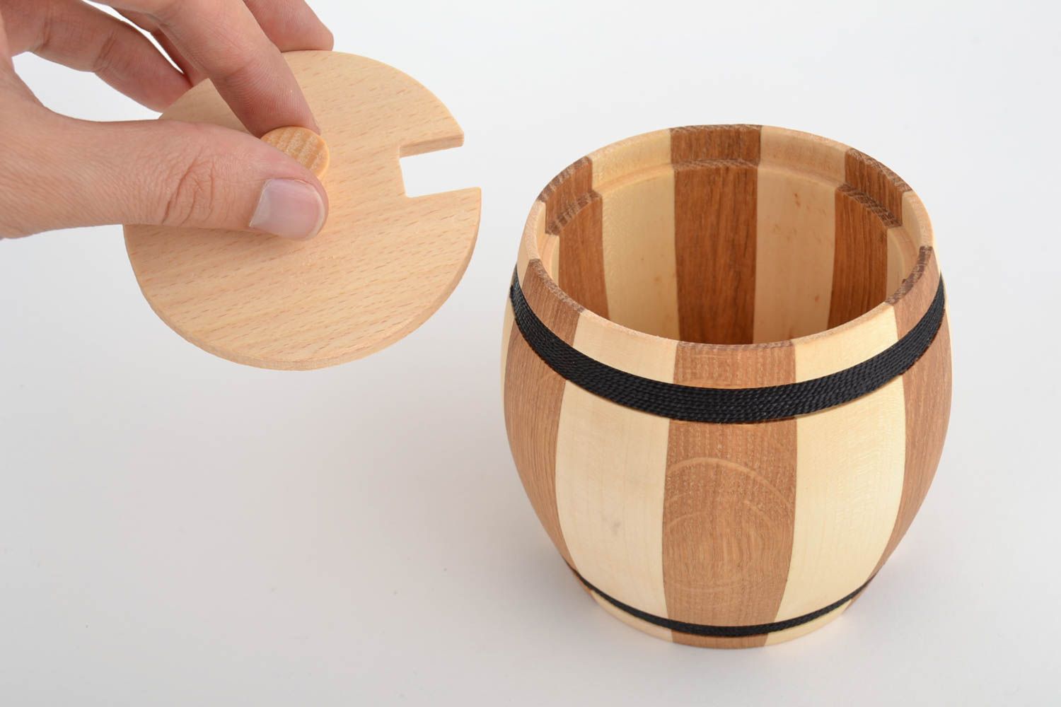 Handmade natural eco wooden sugar bowl in the shape of striped barrel 300 ml photo 2