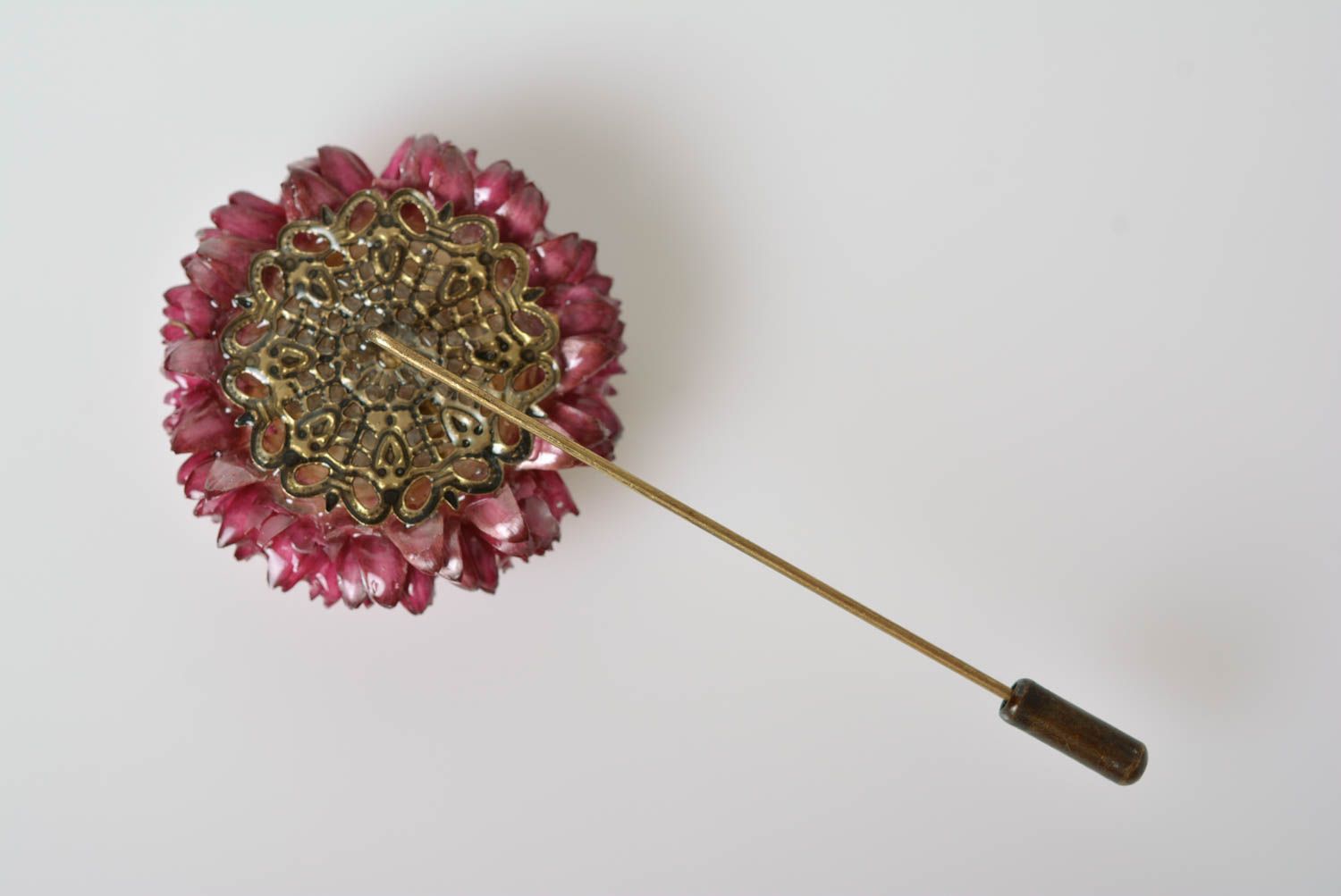 Unusual handmade designer brooch with dried flowers coated with epoxy photo 3