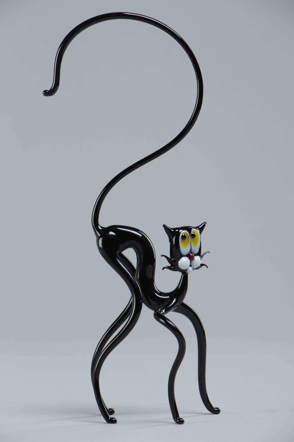 Handmade collectible miniature animal figurine of black cat lampwork glass photo 2