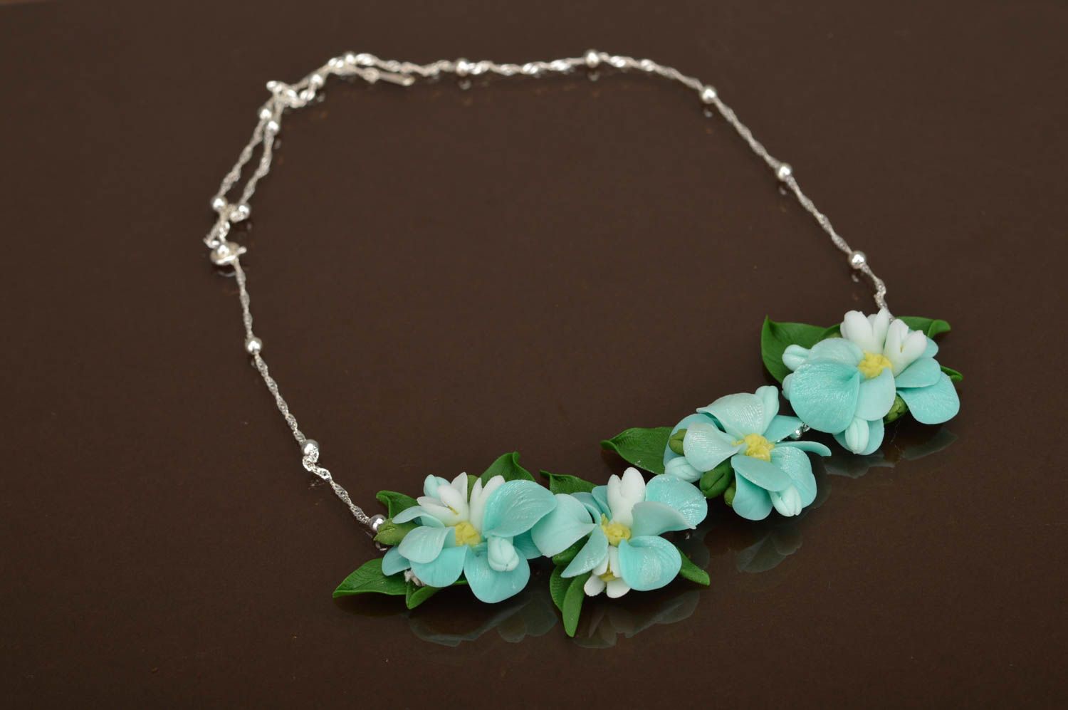 Handmade tender feminine necklace with polymer clay light flowers on metal chain photo 5