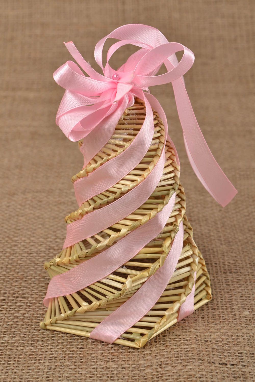 Handmade beautiful woven bell made of straw on satin ribbon photo 5