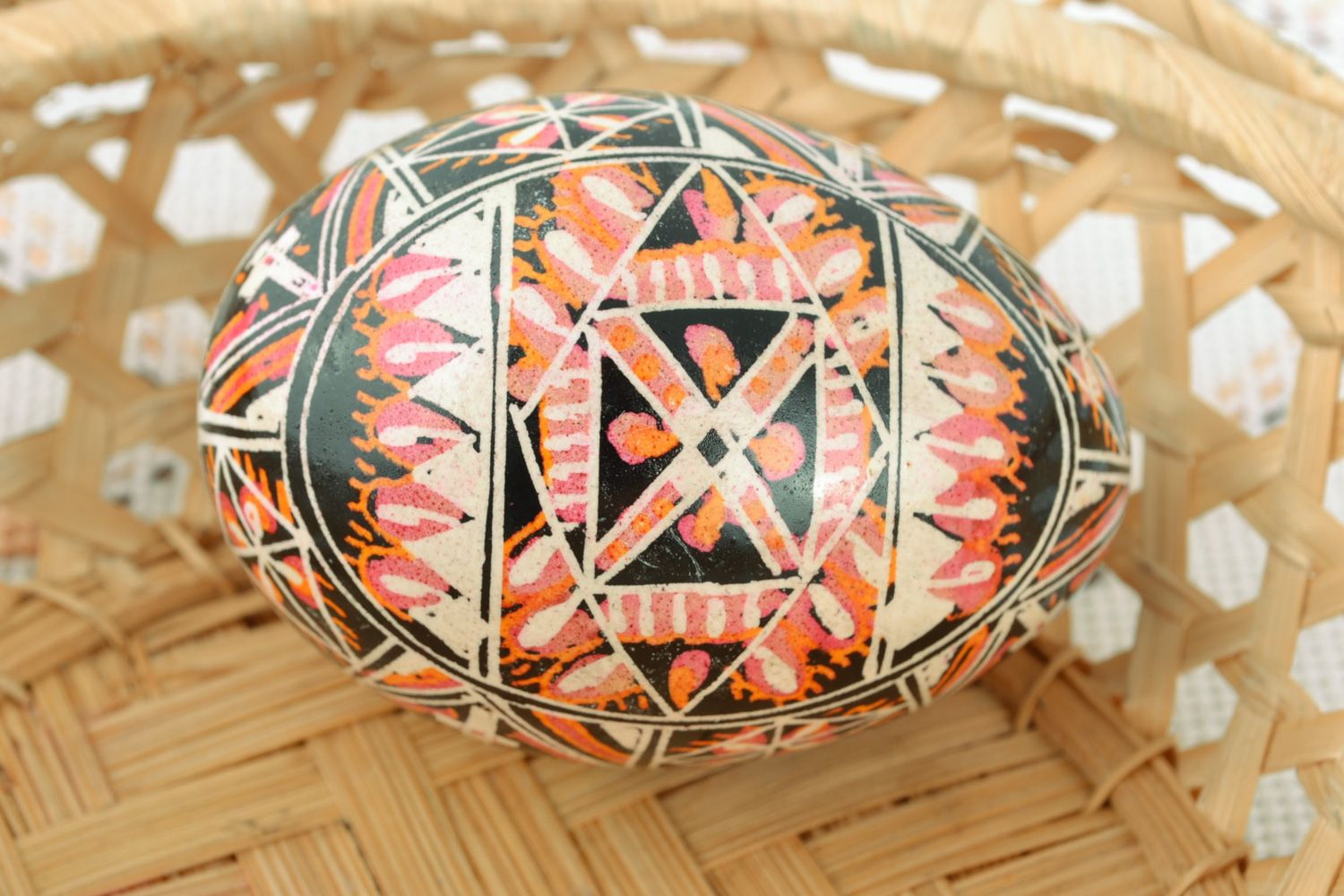 Handmade painted chicken Easter egg with colorful ornament created with hot wax photo 1