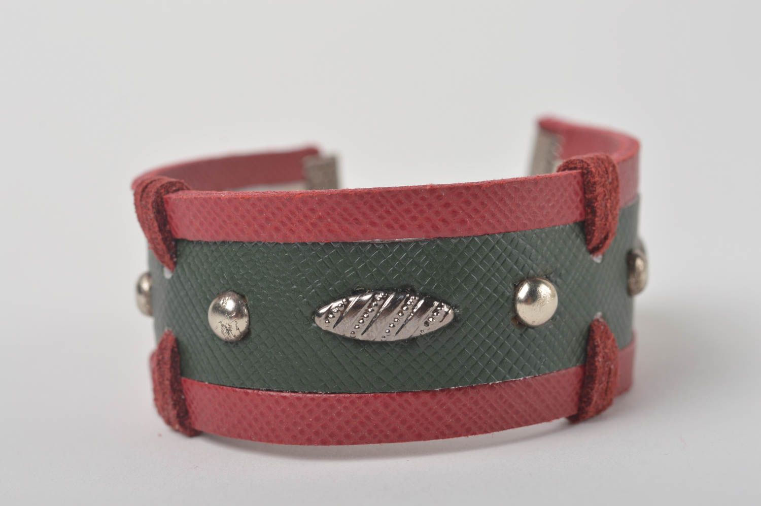 Bracelet large en cuir naturel Bijou fait main vert-rose Cadeau pour femme photo 3