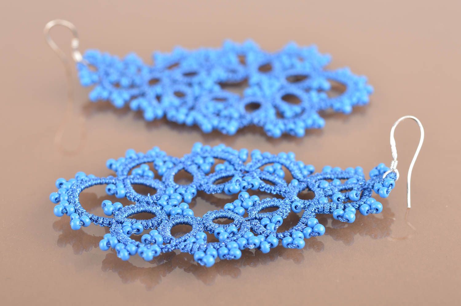 Large beautiful blue handmade tatting lace earrings with beads designer jewelry photo 5