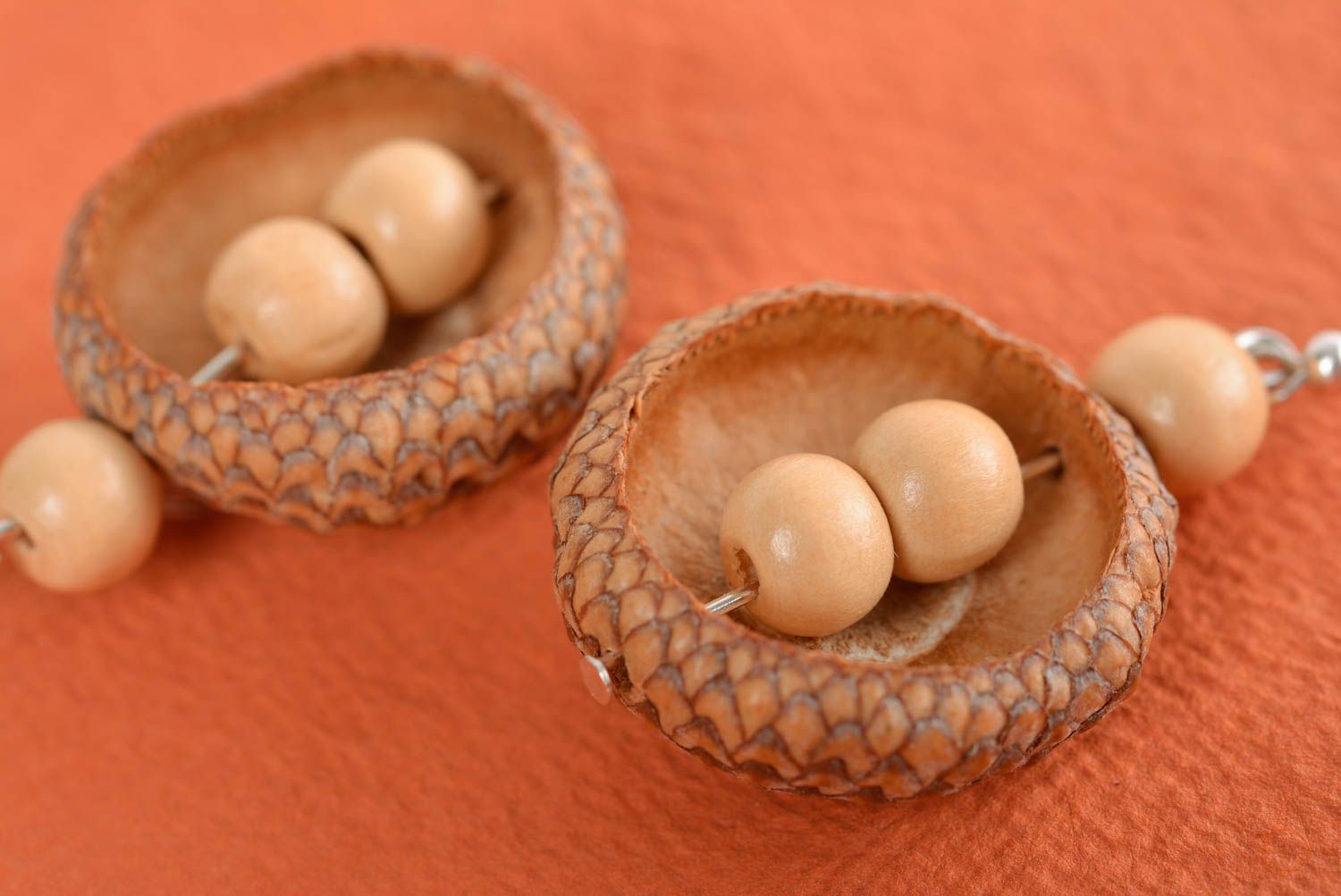 Earrings with wooden beads and acorns handmade designer jewelry in eco-style photo 3