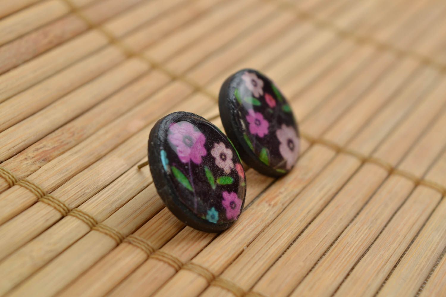 Handmade decoupage polymer clay round stud earrings with epoxy resin Flowers photo 3