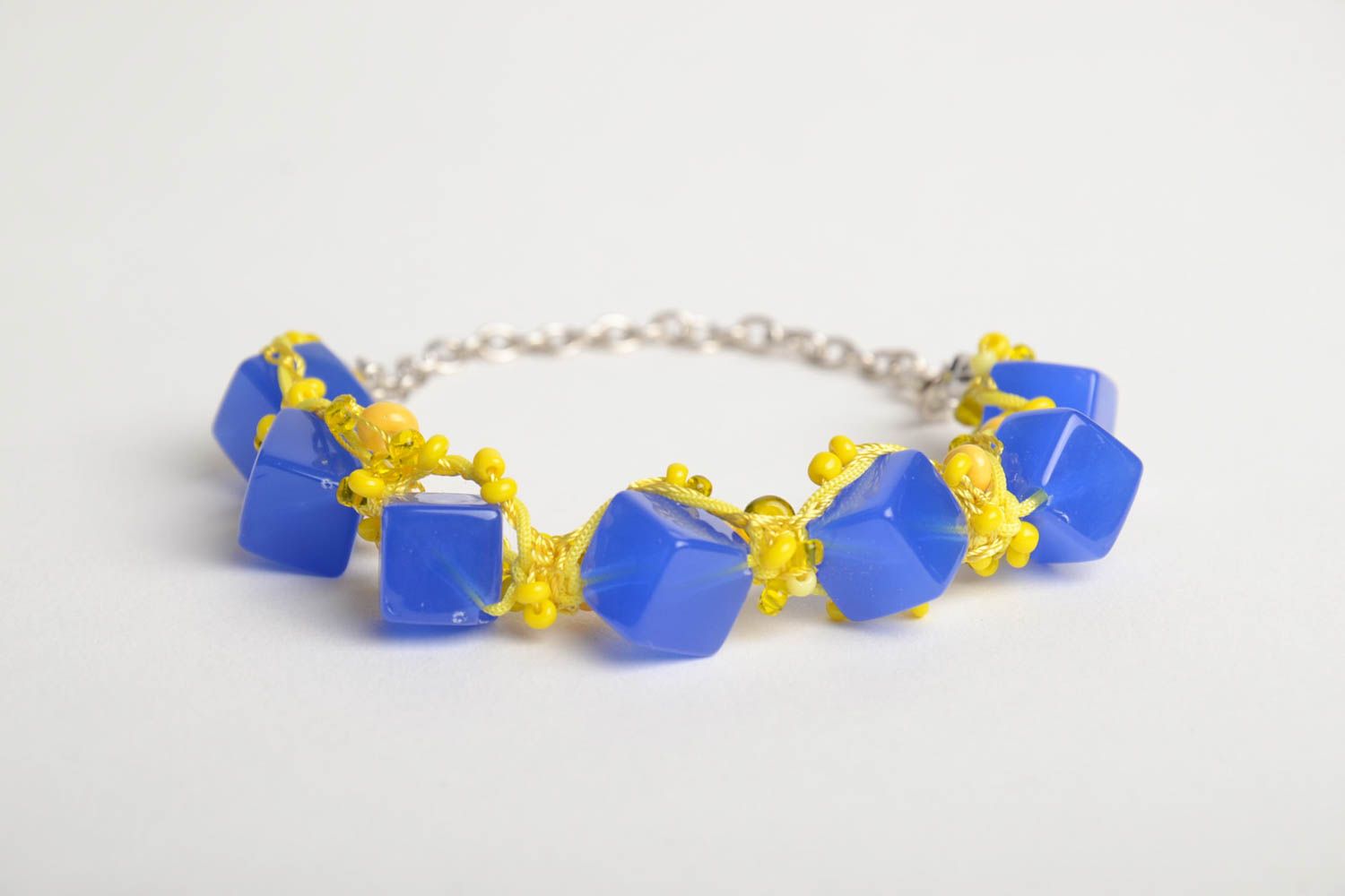 Handmade wrist bracelet crocheted of beads in yellow and blue color combination photo 3