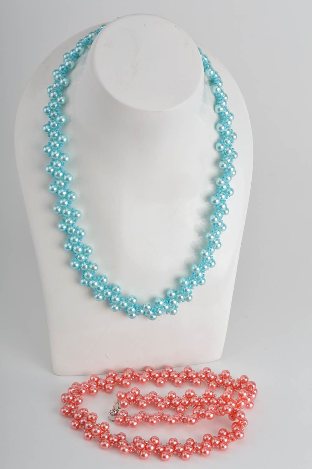 Set of handmade beaded necklaces 2 pieces red and blue stylish accessories photo 3