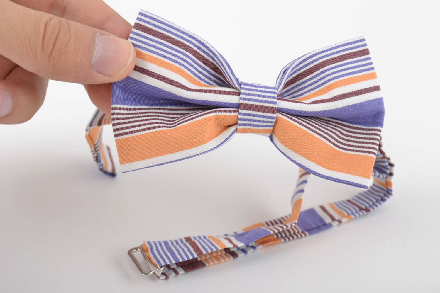 Unusual multicolored handmade designer striped fabric bow tie unisex photo 4