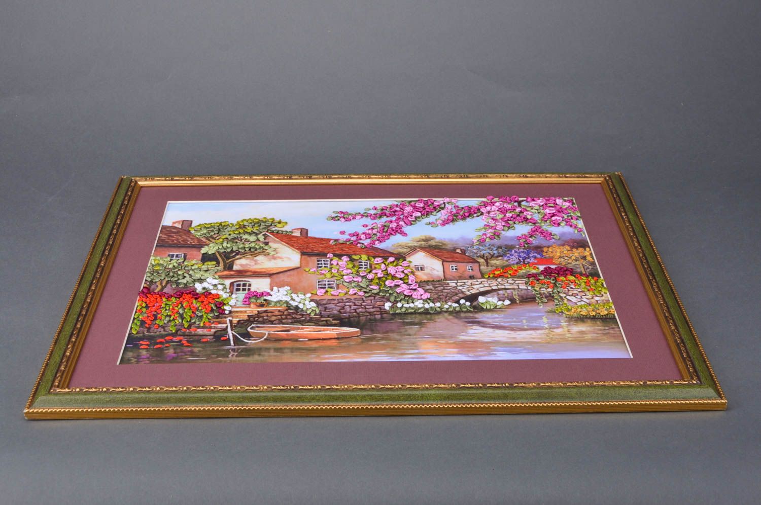 Horizontal handmade satin ribbon embroidery wall hanging in frame Landscape photo 2