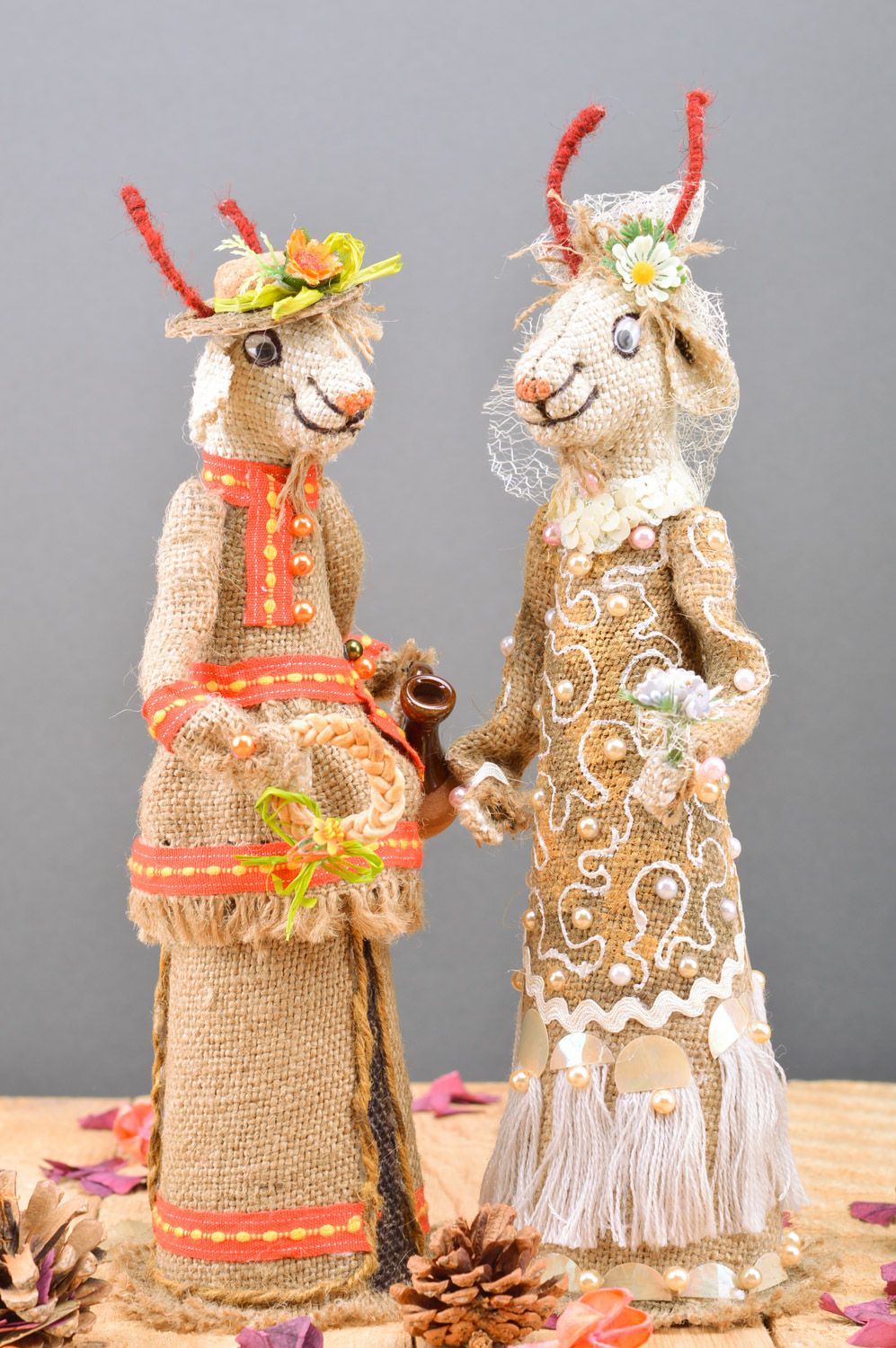 Set of two handmade bottle cozies sewn of burlap Bride and Groom in ethnic style photo 2