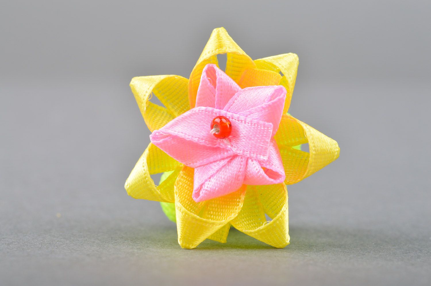 Handmade hair tie with flower in yellow and pink colors for little girls photo 2