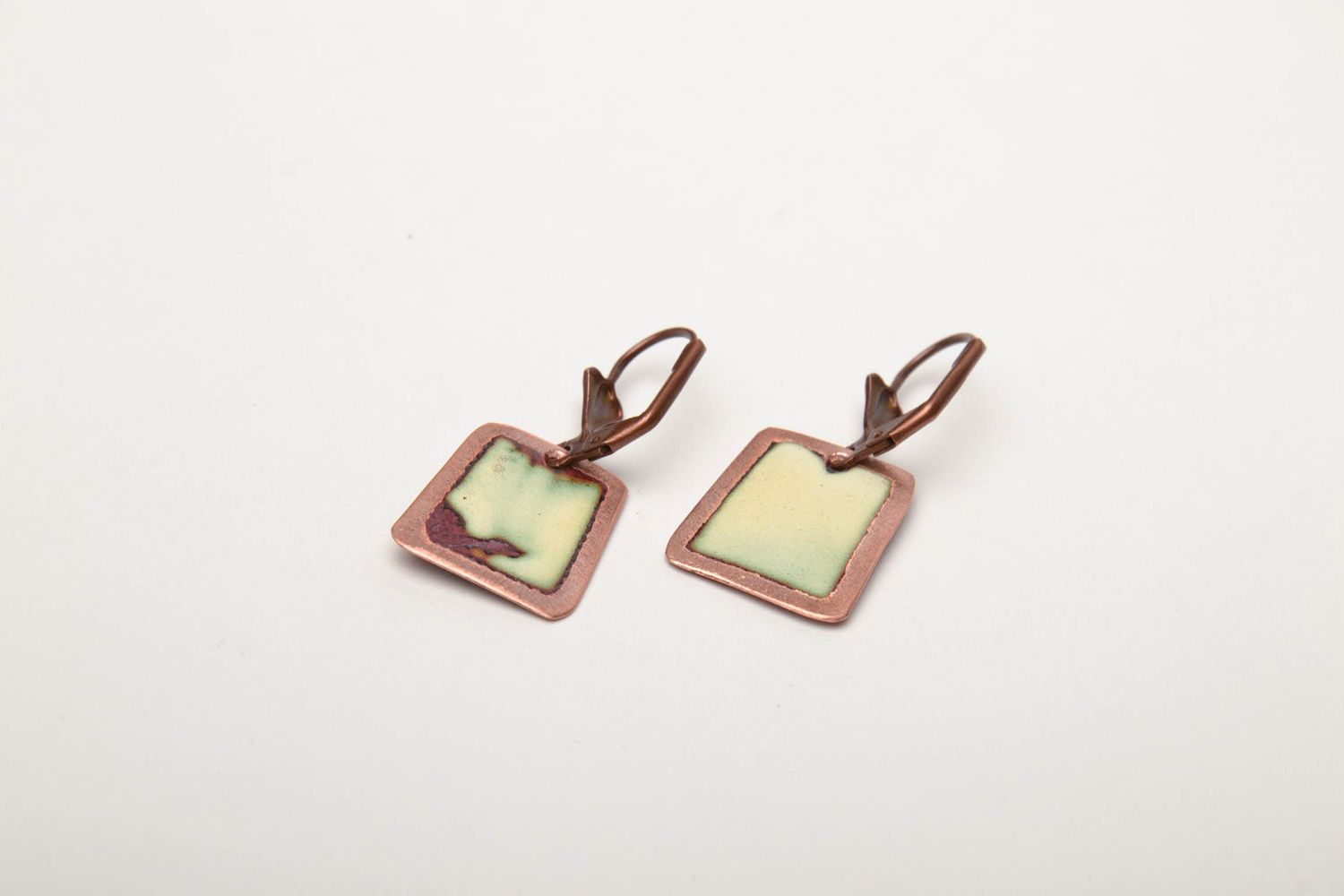 Handmade rectangular copper earrings with enamels photo 5