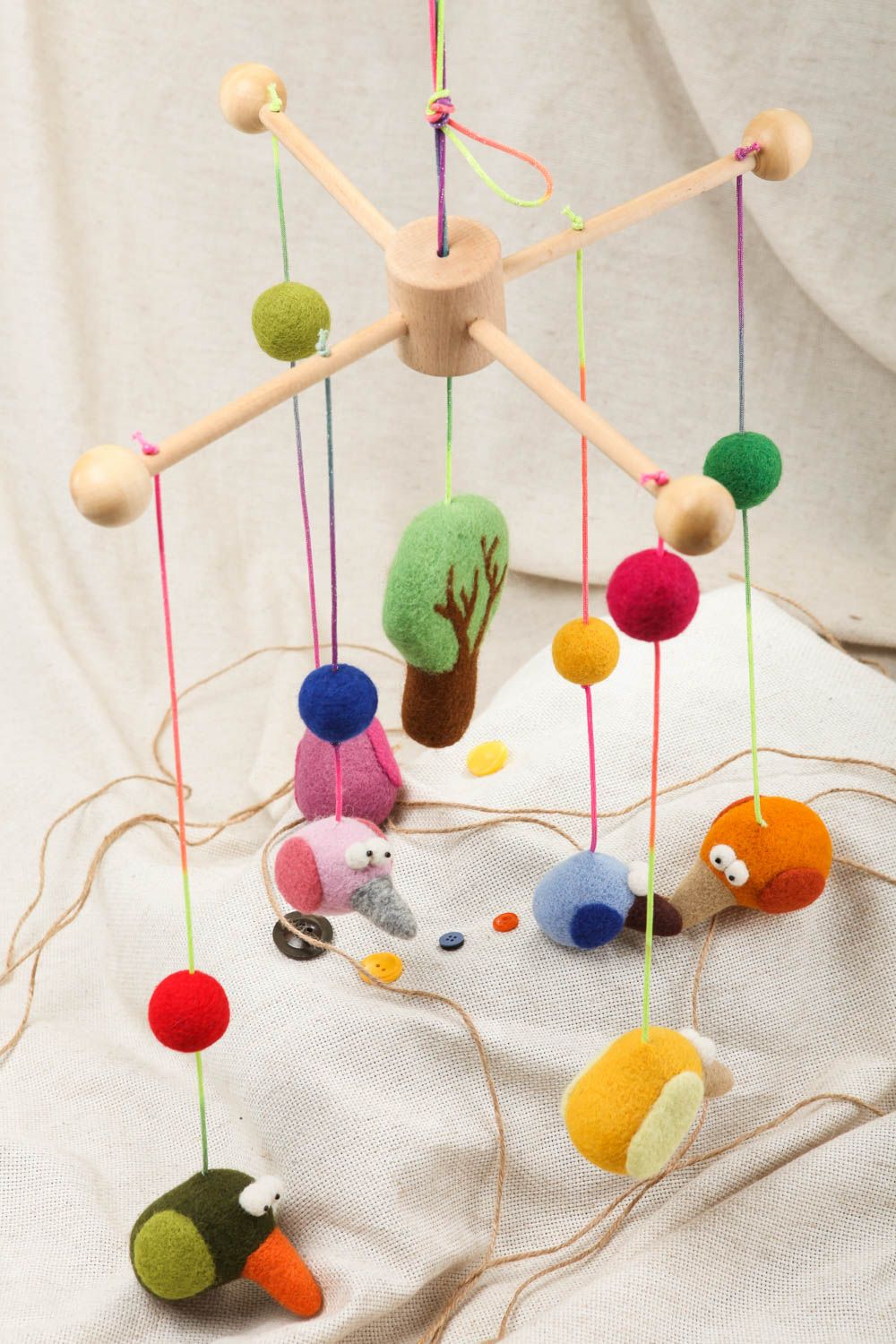 Handmade designer hanging crib toys felted of wool for baby cot tree and birds photo 1