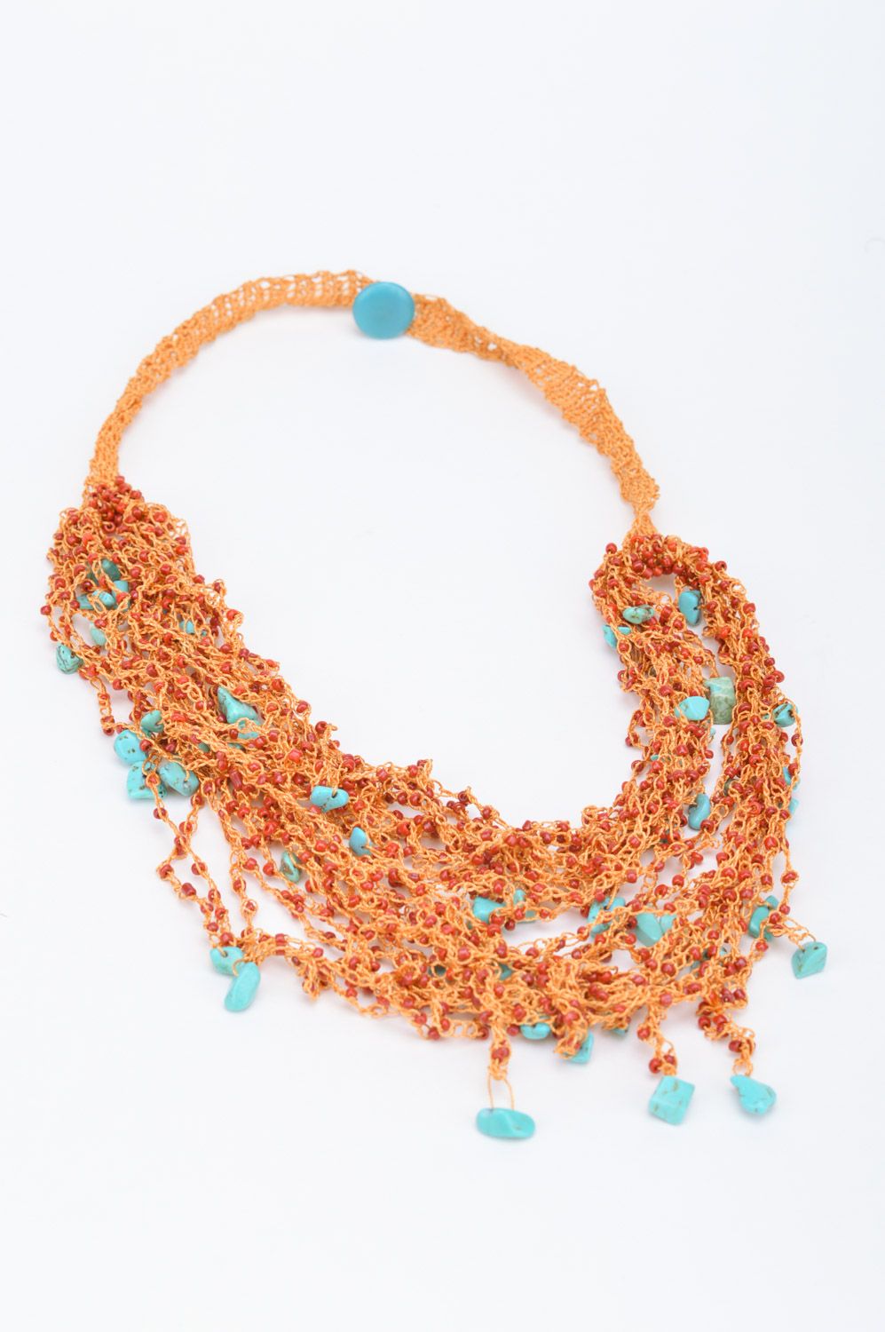 Многорядное ожерелье из чешского бисера из голубого коралла оригинальное рыжее фото 2