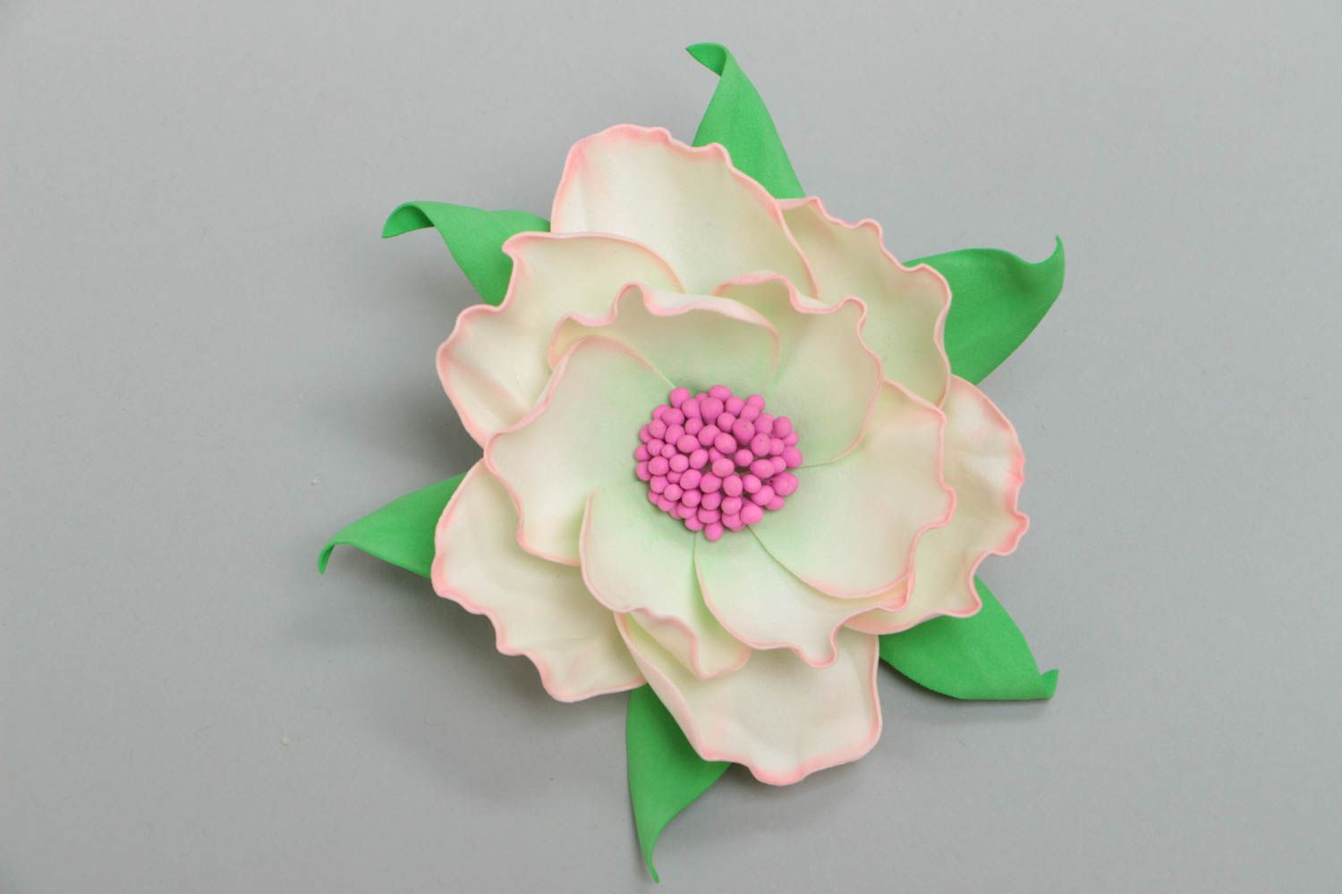 Handmade designer hair clip brooch with white volume foamiran flower photo 2