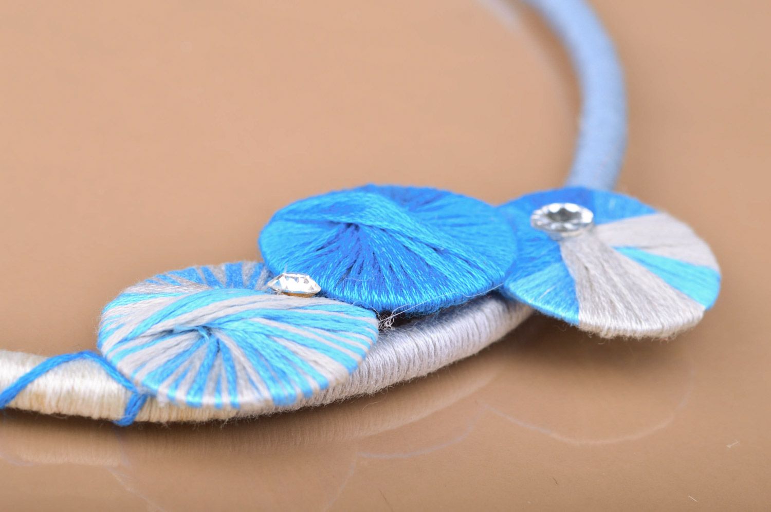 Handmade embroidery threads laconic necklace in blue color palette for women photo 4