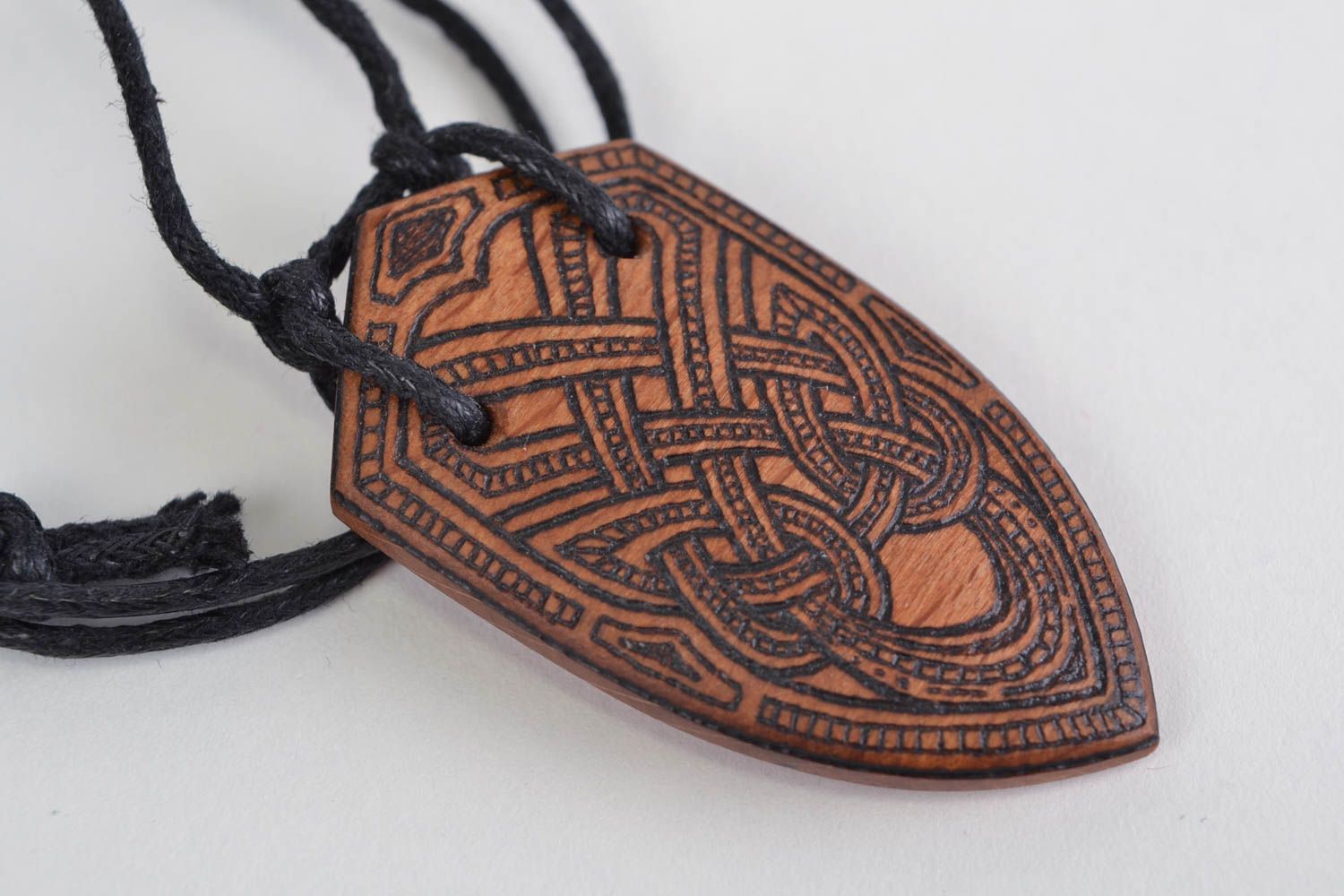 Handmade ethnic wooden pendant necklace on waxed cord ornamented with pyrography photo 4